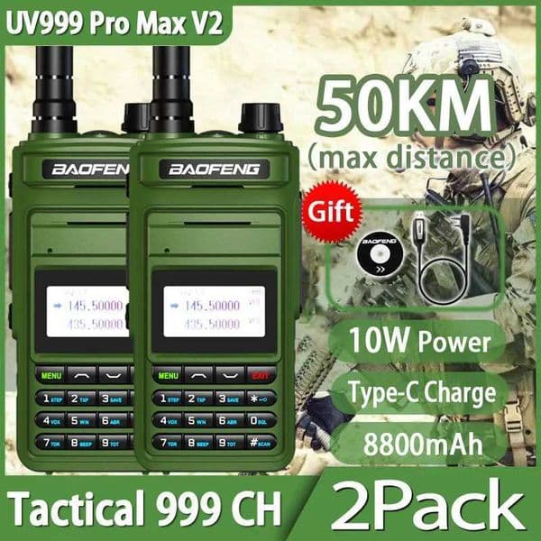 2Pcs Baofeng UV999 Pro Max 10W Professional Walkie Talkie Transreceiver 999CH Type-C Charger Upgrade UV-10R 5R CB Two Way Radio M240821