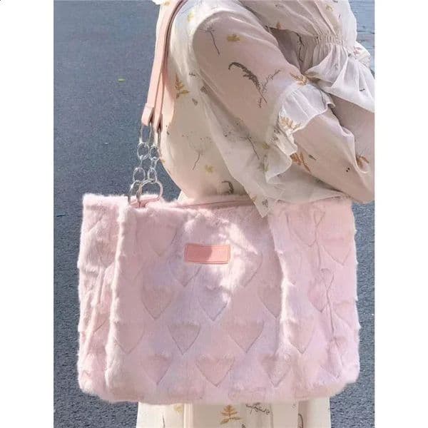 Cute Furry Womens Casual Tote Bags Love Heart Ladies Sweet Shoulder Underarm Solid Color Female Fashion Plush Handbags 240822