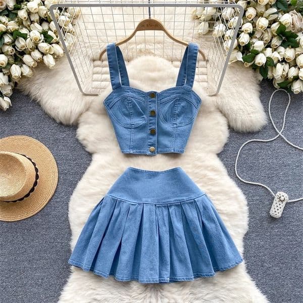 Female Chic Retro Suits Strap Button Elasticity Short TankPleated Mini Skirt Fashion sweet Denim Two Pieces Set 240822