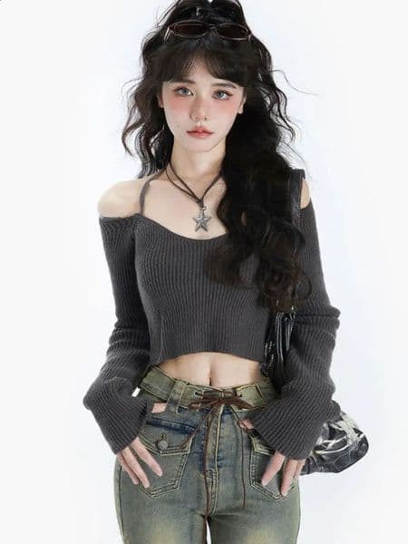 Y2K knitted Pullovers Women Korean Style Cropped Sweater Female Sexy Off Shoulder Long Sleeve Top Lady Harajuku V Neck Pullover 240823