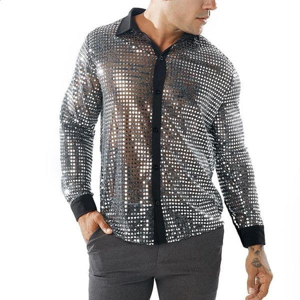 Fashion Mens Sparkly Sequins Party Dance Shirts Retro 70s Disco Nightclub Shirt Tops Single Breasted Performance Clothing 240824