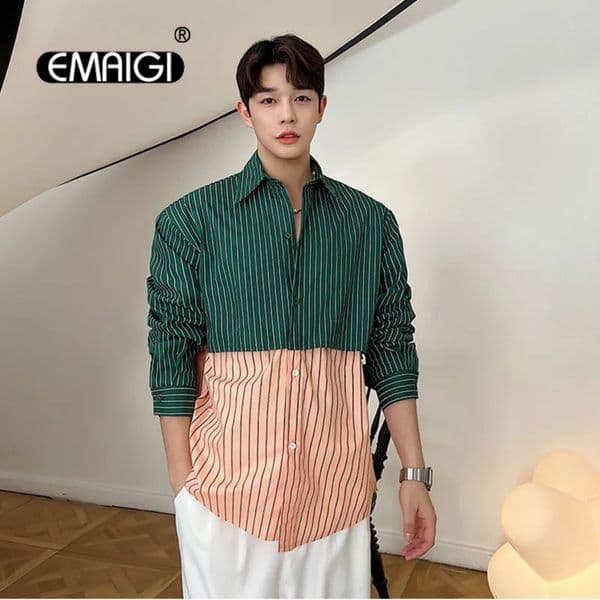 Net Celebrity Fashion Show Shirt Men Splice Stripe Loose Casual Vintage Long Slve Shirt Male Stage Clothing Korean Style Shirt 240824 Z260615