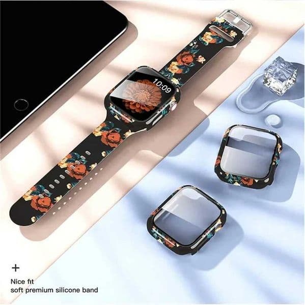 Glass+Case+Strap for iwatch Band 44mm 40mm 41mm 45mm 42-38mm sport printed Silicone bracelet iwatch series 9 8 7 6 5 4 3 SE Z240824