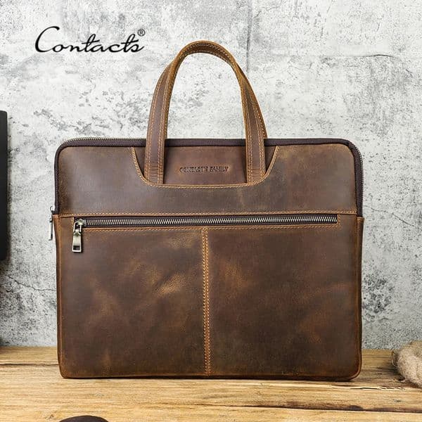 CONTACT Mens Crazy Horse Leather Handbag 16 inch Business Travel Mens Handbag Mens briefcase 240824