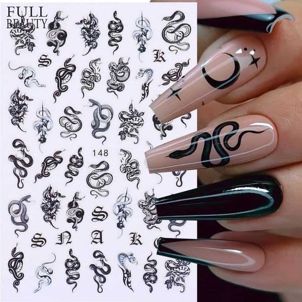 Black Snake Gragon Nail Art Stickers 3D Stickers with Animal Dinosaur Eyes Nail Stickers Adhesive Sliders Decoration Process W240823
