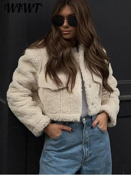 Leisure artificial cashmere short sleeved womens winter coat long lapel pocket autumn jacket warm streetwear 240824