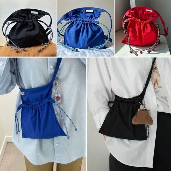 Casual Messenger Shoulder Bag Black Color Drawstring Crossbody Bag for Women Men 240824