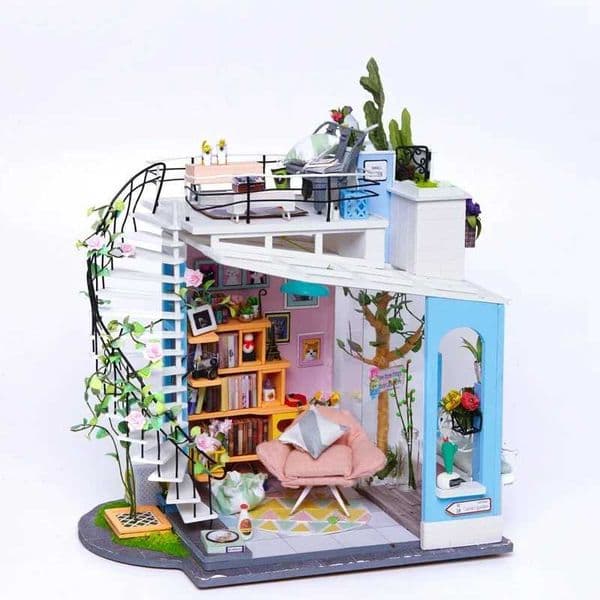 Creative Blue Leisure Dollhouse Miniature Doll House Furniture Rooftop Stairs DIY Wooden Dollhouse Toy Kits for Children Gift M240824