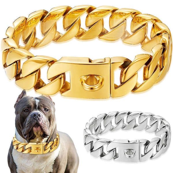 32mm Wide Chain Collars Heavy Strong Stainless Steel Choker Pitbull Gold Dog Necklace For Large Dogs 18K goldplated Cuban link chain dog collar pet collar L260526