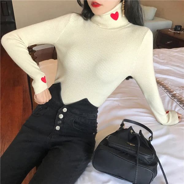 Love Embroidered High Collar Sweater Womens Hoodie Winter Wear Solid Color Long Sleeve Slimming Bottom Style Knitted Sweater 240824