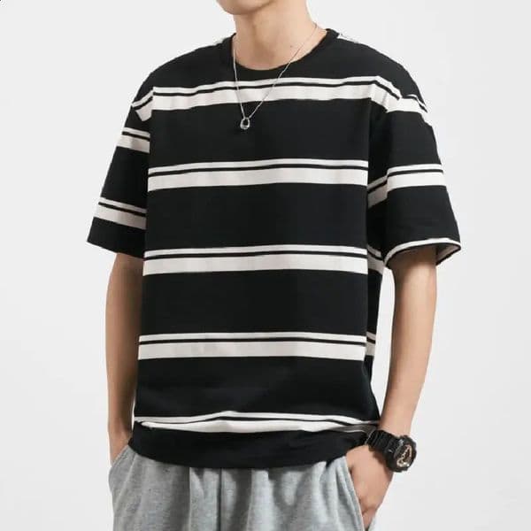 High Street Casual Thin Summer Cotton T-Shirts Men Round Neck Striped Oversize Harajuku Clothing Fashion Loose Short Sleeve Tops 240824