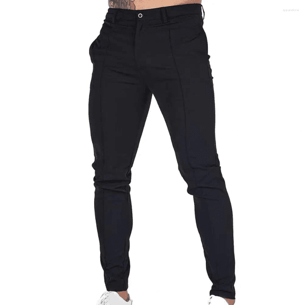 Men's Pants Elastic Waist Slim Fit Business Trousers With Breathable Fabric Ankle Length Design Solid Color Mid