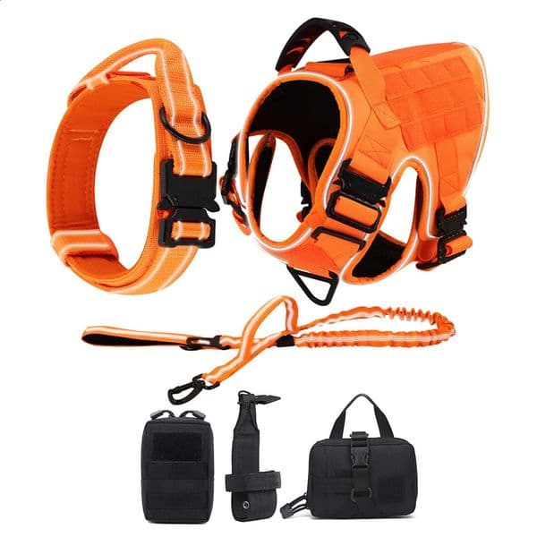 Reflective Orange Dog Harness with 4 Metal Buckles Military Tactical Pet Training K9 Vest Harness Collar Leash For Large Dogs 240824
