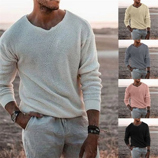Spring Autumn Fashion Mens Knit Thin Sweaters Casual V Neck Solid Warm Slim Fit Sweaters Pullover Male 240824