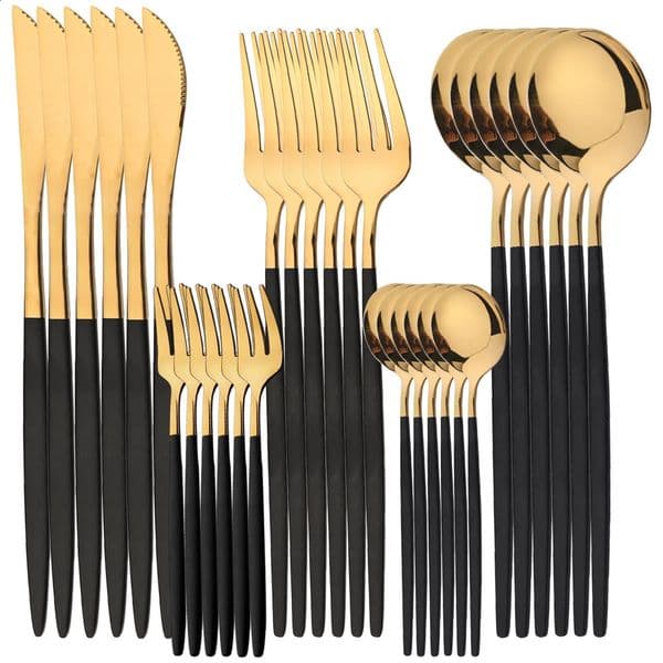 30 piece cutlery set stainless steel knife fruit fork spoon black gold 240827