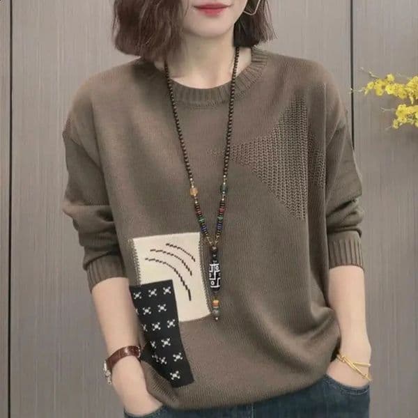 autumn and winter fashionable round neck comparison jacquard hollow retro art casual loose oversized long sleeved sweater 240826