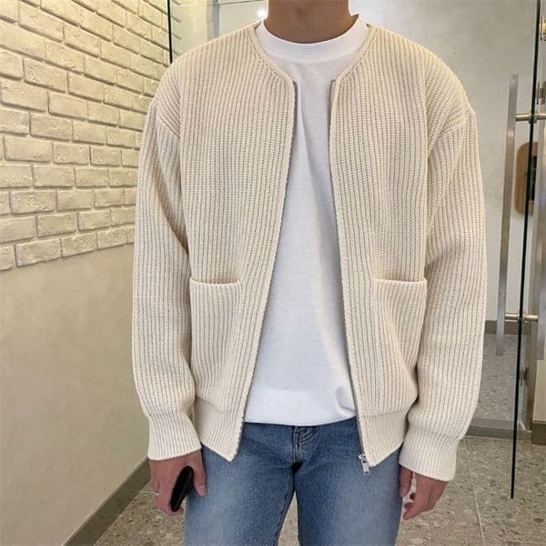 Autumn and Winter Commuting Mens Clothing Fashion Zipper Splice Pockets Round Neck Long Sleeve Versatile Solid Color Sweater 240824