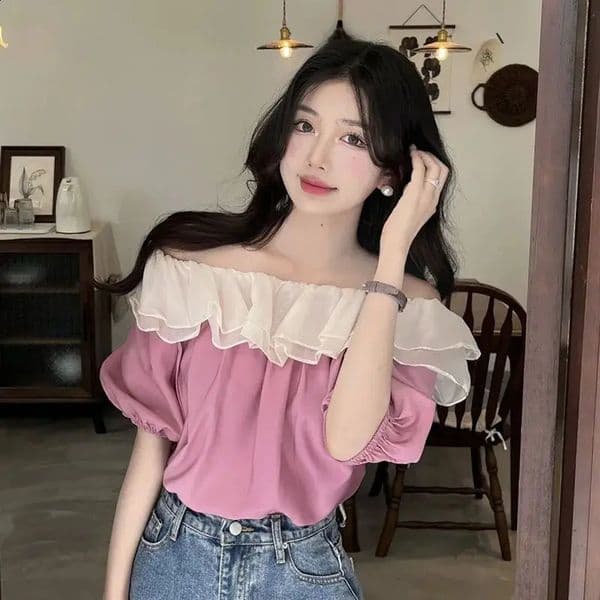 Sweet Off Shoulder Ruffles Patchwork Blouse Summer Short Sleeve Solid Loose Contrast Shirts Temperament Elegant Women Clothing 240827