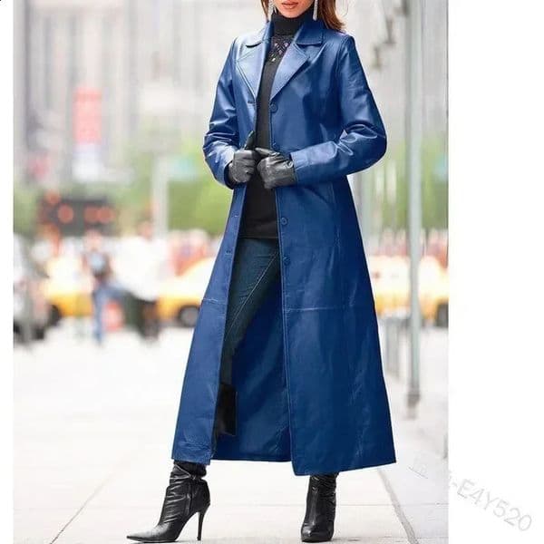 Autumn Winter Womens Clothing Button Leather Coat Long-Cut Coat Slim Fit Slimming Pu Leather Wind Coat 240827