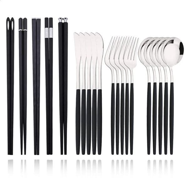 1520 pieces of Korean tableware set black silver knife fork spoon stainless steel luxury 240827