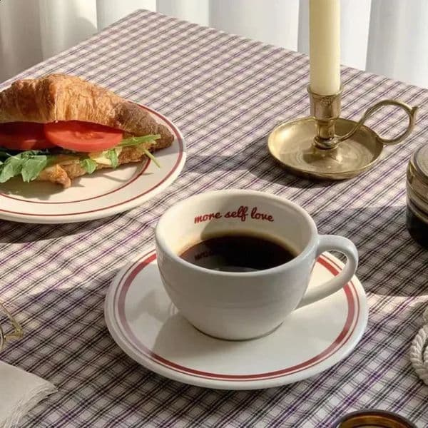 Korean Ins Style French Retro Cup Red Thread Ceramic Coffee CupFlat White Milk Cup Minimalist Set Birthday Gift 240827