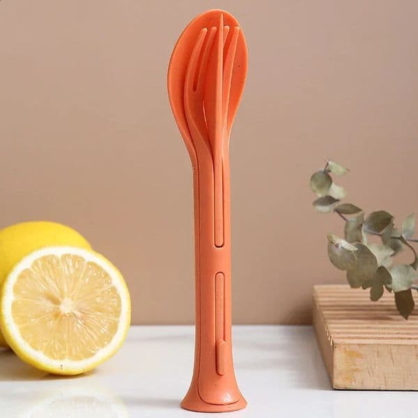 Innovative portable wheat straw three in one knife fork and spoon home plastic western desktop software set 240826