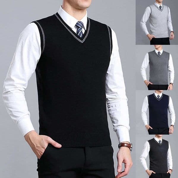 Casual V Neck Mens Sleeveless Vest Plaid Shirt Sleeveless Waistcoat Sweater Knitted Retro Male Jumper Blouse Basic PulloversXJ240826