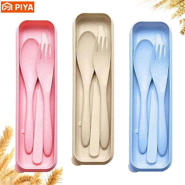 Reusable travel equipment set with chassis wheat straw portable knife fork spoon desktop software environmentally friendly BPA no incision 240826