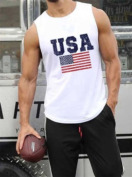 Summer mens loose casual American flag print sports fitness comfortable breathable sleeveless vest T-shirt topW240718