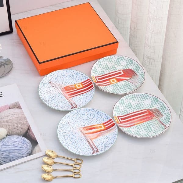 Star Horse Bone China Four Cake Plates Four Spoon Gift Box Packaging Plate
