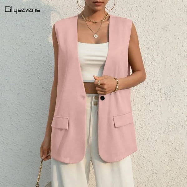 Womens jacket pink fashionable single button top retro V-neck sleeveless jacket fashionable womens vest 240828