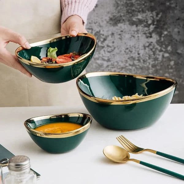 Nordic Ceramic Bowls In Gold Inlay Creative Salad Fruit Snack Soup Dessert Noodle Bowl Tray Kitchen Tableware 240827