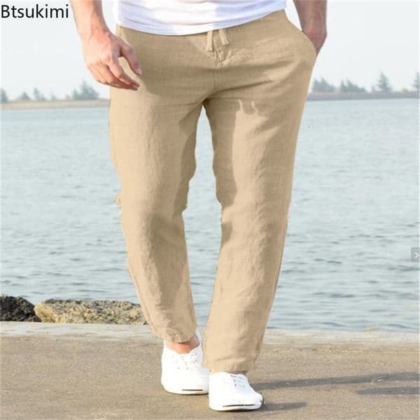 Mens linen casual pants are fashionable simple loose pencil pants with drawstring and elastic waist comfortable and breathable daily work clothes 240828