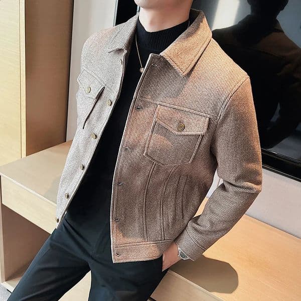 Autumn/Winter Hound Jacket Mens Ultra Thin Collar Short Casual Plain Coat Business Social Windproof Jacket Street Clothing 240830