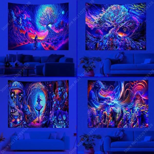 Psychedelic pattern UV reactive tape Trippy colored landscape wall hanging neon light for room decoration and party 240830