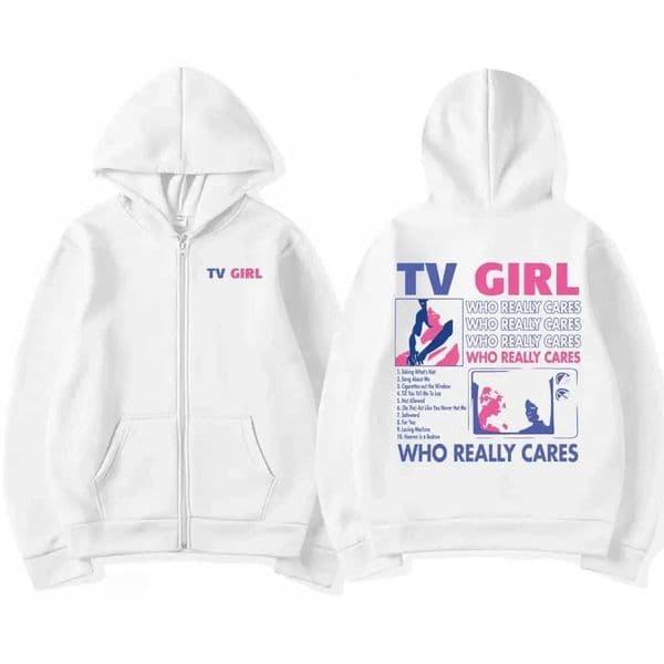 TV Girl Who Really Cares Graphic Print Zipper Hoodie Men Women Fashion Casual Oversized Zip Up Jacket Male Fleece SweatshirtsXJ240830