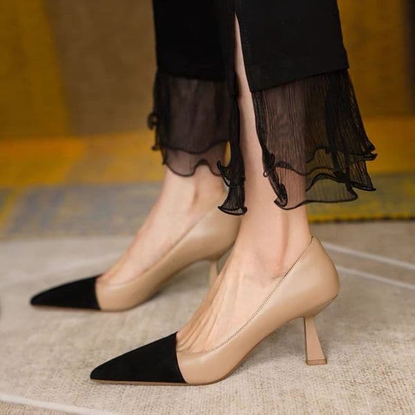 Women Pumps Pointed Toe Boat Shoes High Heels Dress Shoes Black Toe Patchwork Pump Ol Office Lady Shoes Zapatos Mujer 9449N L260506