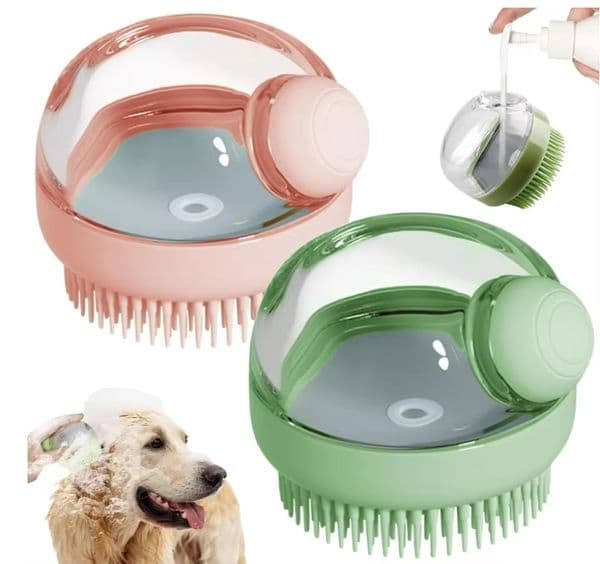 Dog Bath Scrubber Brush Pet Dog Grooming Massage Shampoo Bath Brush with Soap and Shampoo Dispenser Soft Silicone Bristle for Long Short Haired Dogs Cats Shower CH291