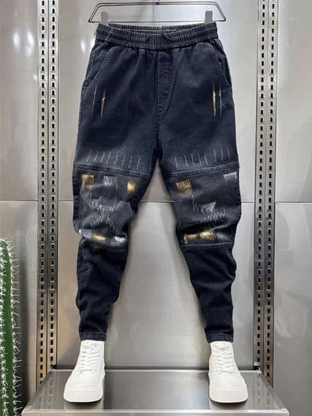 Street Hip Hop Jeans Men Grid Stitching Harem Sweatpants in er Stackes Loose Cowboy Pants Fashion Clothing 240830
