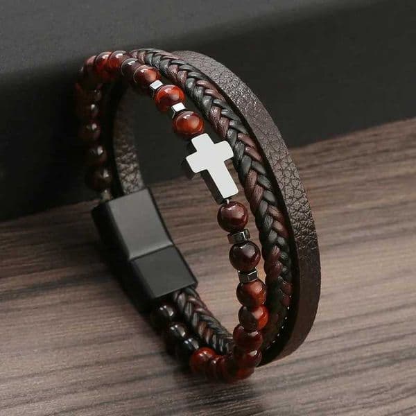 Prayer for Men Natural Stone Bead Rose Cross Bracelet Multi layer Leather Bracelet for Women Yoga Meditation Jewelry for Men Pulsera W240830