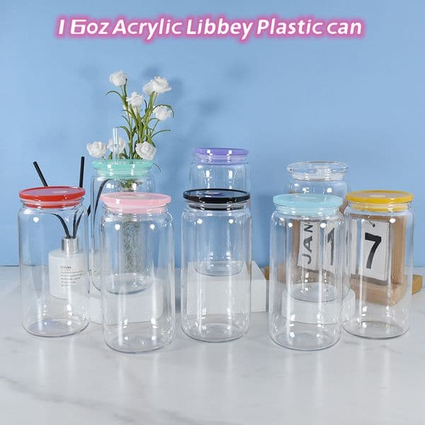 Acrylic 16oz Libbey Plastic Can with Straw for Vinyl UV DTF Sticker Summer Drinkware Mason Jar Juice Cup