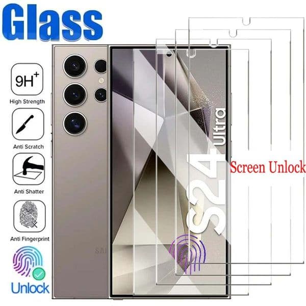3Pack HD Tempered Glass Fingerprint Unlock For Samsung Galaxy S25 S24 Ultra S23 S22 S21 Plus Note20 Screen Protector 0.18MM White Edge Full Glue Protective Film