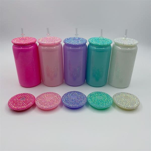 16oz Holographic Glitter Sublimation Glass Cups With Colored Bling Lids Shimmer Rainbow Tumbler Iced Juice Jar Beverage Drinking Beer Can Glasses Cup