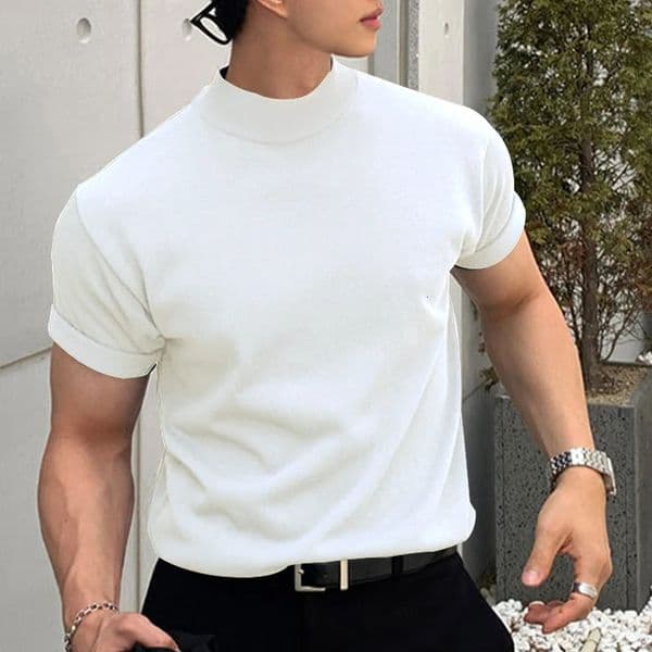 Korean Fashion Mock Neck Men T Shirt Short Sleeve Solid Basic Top Mens Streetwear Casual All-match Plain T-shirts Mens Oversize 240306