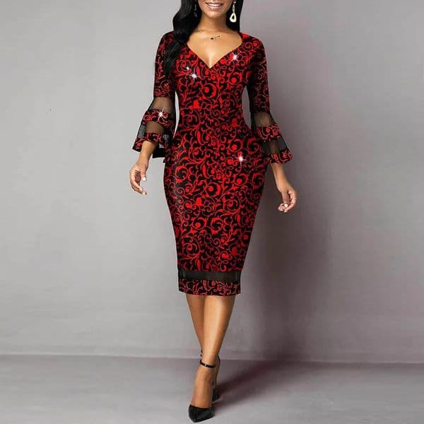 Chic Spring Vneck Print Office Dres Three Quarter Sleeve Mesh Stitching Party Dress Autumn Fashion Slim Bodycon Vestidos 240308Z