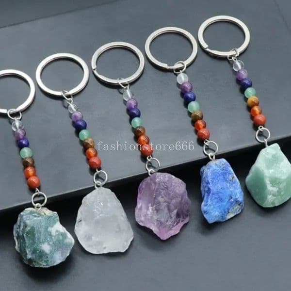 Rough Raw Stone 7 Chakras Stone Keychain Colorful Natural Gemstone Keyring Crystal Clear Quartz Lapis Amethyst Key Chian