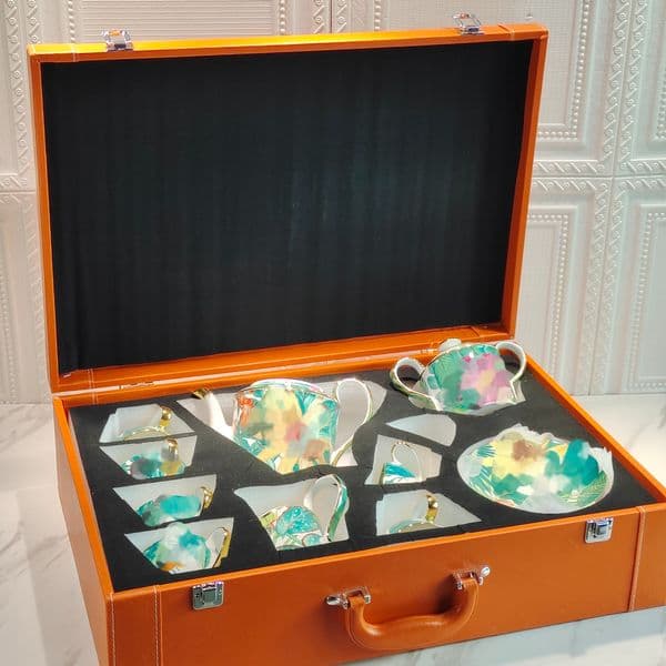 Designer Sets Forest Series Gold Handles Flowers Leaves Pattern Cups Teapot And Milk Pot Set With Suitcase 45876