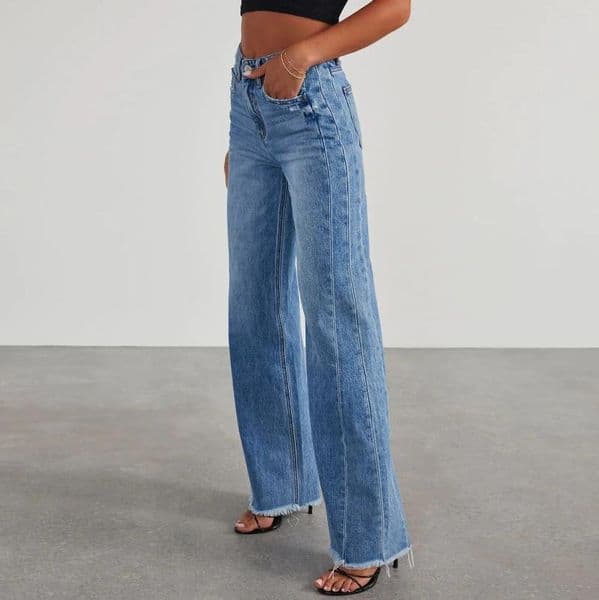 Spring Summer Womens Clothing Solid Color Loose Wide Leg Side Seam Stitching Frayed Hem Jeans S260416