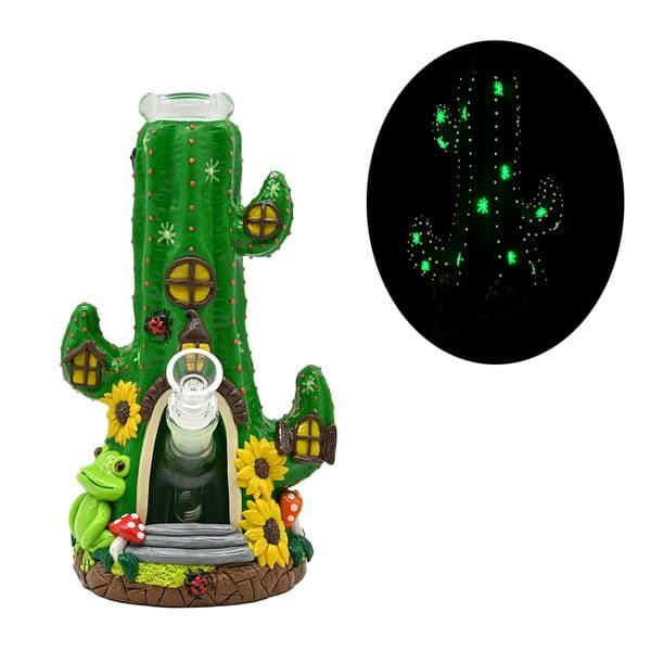 Glass Bong With Cactus,Cute Cartoon Frog & mushroom With Glow In Dark,Borosilicate Glass Water Pipe,Glass Hookah,Hand Painted,Home Decorations