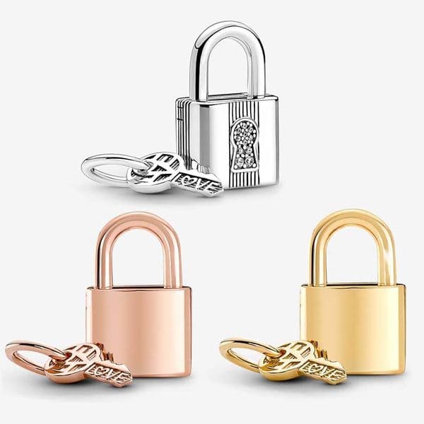 Padlock and Key Dangle Charm 100% 925 Sterling Silver Luxurious Charm Women Snake Chain Bracelet Jewelry Making Components Gold charms with Retail Box